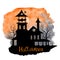 Watercolor Halloween house and trees silhouette vintage greeting