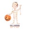 Watercolor Halloween illustration with  cute boy dressed in Mummy. a child with a candy basket in the form of a Jack-o`-lantern.