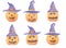 Watercolor Halloween illustration of Pumpkins Faces with vilolet hats, Jack O Lanterns