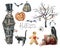 Watercolor halloween labels set. Hand painted holiday set with cat, pumpkin, coffin, bat, tree, skull, crow and eye