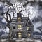 Watercolor Halloween night scene illustration with haunted house, dark sky, moon, dead tree. Hand painted background