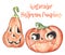 Watercolor Halloween objects collection including smiling pumpkin with teeth, flying ghost, sweet, witch hat.