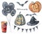 Watercolor Halloween party set. Hand painted dark hot air balloons, flag garland, cocktail with web and spider, bats