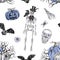 Watercolor Halloween print. Vintage goth style seamless pattern with skeleton, skull, bats, raven, Jack O Lantern pumpkin
