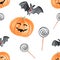 Watercolor halloween pumpkin and bats seamless pattern on white background