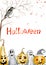 Watercolor Halloween pumpkin party for greeting card, design, invitation, banner, print.  Holiday print