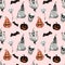 Watercolor Halloween seamless pattern with scary Jack O lantern pumpkin, spooky ghost, flying bat, skull on pink background.