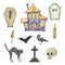 Watercolor halloween set of haunted house, cat, crow and tombstone