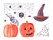 Watercolor halloween set with spiderweb, spiders, pumpkins, witch hat, bat. A set of items. Isolated on white background. Suitable