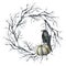 Watercolor halloween wreath with crow and pumpkin. Hand painted holiday template with tree branch, raven and gourd