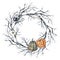 Watercolor halloween wreath with spider and pumpkin. Hand painted holiday template with tree branch, eye and burning