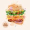 Watercolor Hamburger or Sandwich. Fast Food