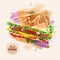 Watercolor Hamburger or Sandwich. Fast Food