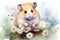 Watercolor hamster in flower field on white background