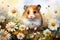 Watercolor hamster in flower field on white background