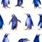 Watercolor hand draw seamless pattern of different blue penguins
