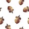Watercolor hand drawn acorn isolated seamless pattern.