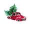 Watercolor hand drawn artistic colorful retro vintage car  with Christmas  tree isolated on white background