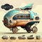 Watercolor hand drawn artistic colorful steampunk retro vintage cars sets