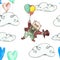 Watercolor hand drawn artistic flying teddy bear children seamless pattern