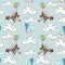 Watercolor hand drawn artistic flying teddy bear children seamless pattern