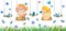 Watercolor hand drawn banner, cute girls on a swing, birds, butterflies and flowers, grass isolated on white background.