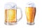 Watercolor hand drawn beer set with foam in glass mugs on a white isolated background. Light beer set. Pint of beer