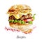 Watercolor hand drawn burger. Isolated illustration on white background