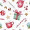 Watercolor hand drawn Christmas seamless pattern with Christmas stockings, candy canes, Christmas decorations, stars and toys on w