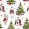 Watercolor hand drawn Christmas seamless pattern with Saint Nicholas, holiday deer, colorful bear and Christmas tree with presents