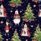 Watercolor hand drawn Christmas seamless pattern with Saint Nicholas, holiday deer, colorful bear and Christmas tree with presents