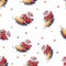 Watercolor hand drawn Christmas seamless pattern with Santa Claus riding snowmobile on white background