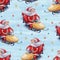 Watercolor hand drawn Christmas seamless pattern with Santa Claus on yellow snowmobile on icy-blue background