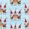Watercolor hand drawn Christmas seamless pattern with singing Christmas Carol dwarfs on icy-blue background