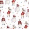 Watercolor hand drawn Christmas seamless pattern with snowman, deer in a red sweater and colorful bear on white background