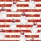 Watercolor hand drawn Christmas seamless pattern with stars and snowmen in red hat and red scarf on white-blue striped background