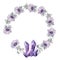 Watercolor hand drawn circle round frame illustration of violet purple lavender gemstone crystals precious semiprecious