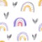 Watercolor hand-drawn color seamless childish simple pattern for kids with cute rainbows and hearts in Scandinavian