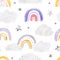 Watercolor hand-drawn color seamless childish simple pattern for kids with cute rainbows, stars and clouds in