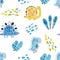 Watercolor hand-drawn colored seamless repeating children pattern with cute dinosaurs and doodles in Scandinavian style