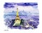Watercolor hand drawn colorful illustration of Paris city view.