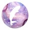 Watercolor hand drawn cosmic circle background with white whale in the middle