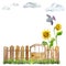 Watercolor hand drawn countryside with sunflowers, wooden fence, clouds and a bird, isolated on white background. Design