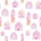 Watercolor hand drawn cute pink houses seamless pattern on white background