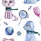 Watercolor hand drawn cute seamless pattern on a childrenâ€™s theme. Pattern is in tender blue and pink colors, it includes