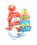 Watercolor hand drawn cute Snowman in red hat and mittens carrying present boxes