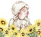 Watercolor hand drawn cute white fluffy sheep sitting in the sunflowers. Illustration of farm baby animal . Perfect for wedding