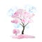 Watercolor hand drawn design illustration of pink cherry sakura tree in bloom blossom flowers, sky, birds, fallen petals