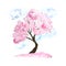 Watercolor hand drawn design illustration of pink cherry sakura tree in bloom blossom flowers, sky, birds, fallen petals