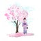 Watercolor hand drawn design illustration of pink cherry sakura tree in bloom blossom flowers, woman geisha in kimono